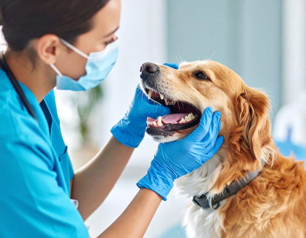 Vet examining a golden retriever