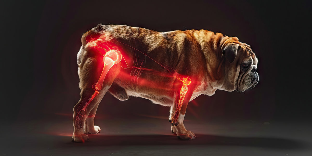 Canine Hip Dysplasia: The Hip Pain and Difficulty Rising - Visualize a dog with highlighted hip joints showing malformation, experiencing hip pain and difficulty rising