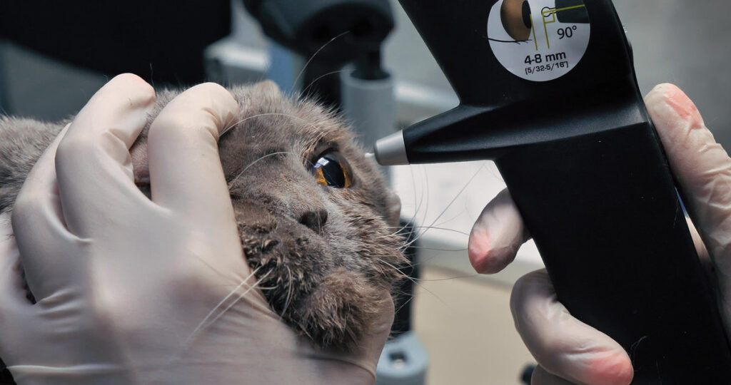 A veterinary ophthalmologist checks a cat's eye pressure with a machine. At the veterinary clinic, the cat is given an ophthalmological examination and eye pressure is measured..