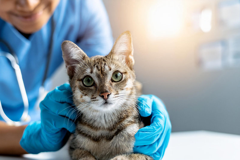 Veterinarian examining pet on table in veterinary clinic, Veterinary caring of a cute cat, healthcare of your pet. Pet Health Check Up. Caring Veterinarian Examining And Comforting a Cat During