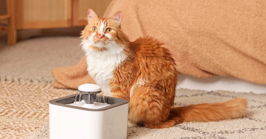 cat sitting by water fountain on the floor at home