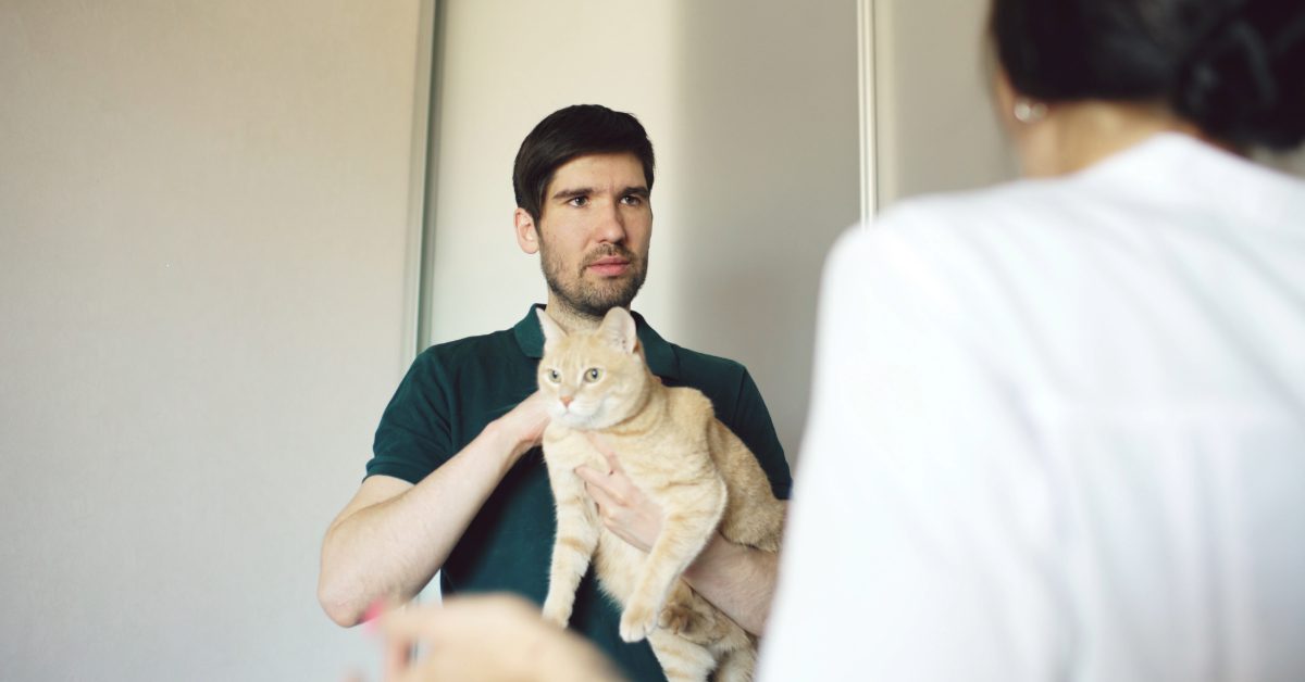male cat owner holding orange cat while talking to vet at clinic